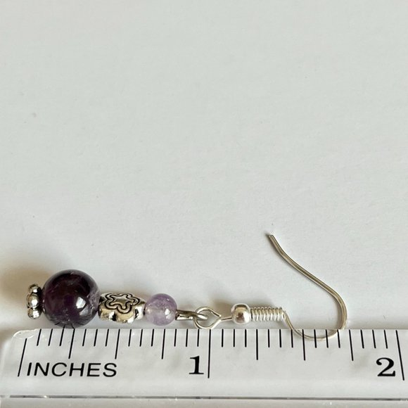 Lavender Purple Amethyst Bead Earrings Silver Plated Flower Dangle Semiprecious - Picture 7 of 7